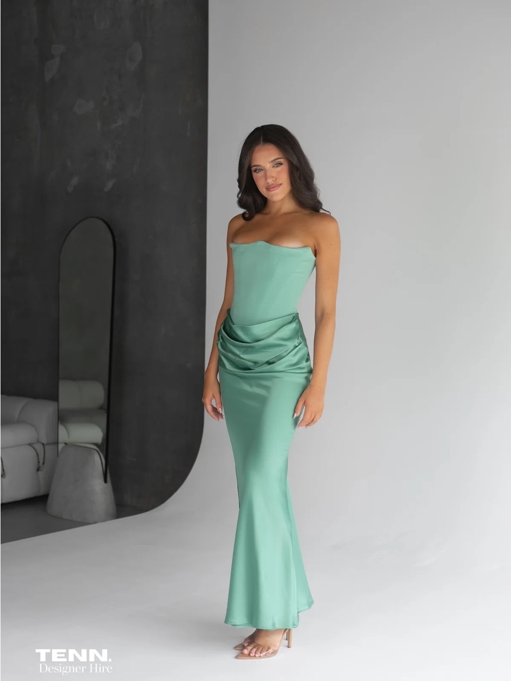 House‎ of CB Persephone Jade Strapless Corset Draped Maxi Dress Green Womens S